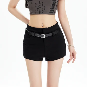Черные повседневные Прямые шорты, женские летние обтягивающие шорты с высокой талией, Y2K, уличная одежда, Корейская мода в готическом стиле
