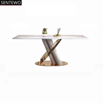 Роскошный обеденный стол из каменной плиты, набор из 8 стульев, металл, титановая глазурь, золотая основа, стол из искусственного мрамора, набор обеденных стульев muebles de la sala