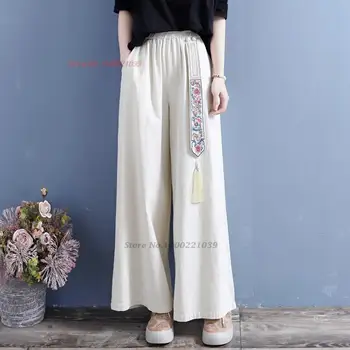 2023 винтажные брюки национальная цветочная вышивка хлопчатобумажные льняные брюки китайские брюки с эластичным поясом шаровары с кисточками свободные брюки