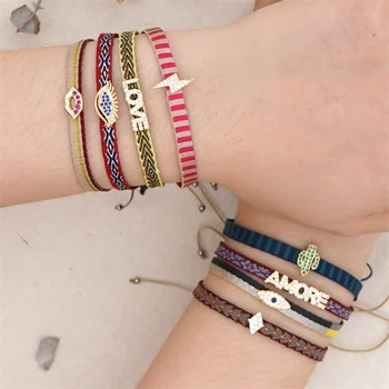 Винтажные браслеты ручной работы из текстиля контрастного цвета в стиле бохо, Плетеные браслеты из страз и веревки для женщин, ювелирные аксессуары