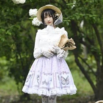 Ainclu Оригинальная юбка в стиле Лолиты Японская Loli Soft Girl Фиолетовая, милая, с принтом Бабочки, кружевная, сетчатая, плиссированная юбка в стиле Лолиты