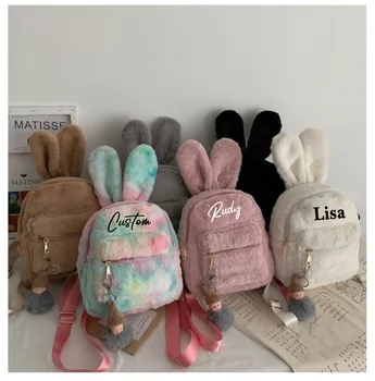 Персонализированное название Милый плюшевый рюкзак с кроликом Kawaii, мини-рюкзак из искусственного меха, женские дорожные сумки через плечо, плюшевый рюкзак