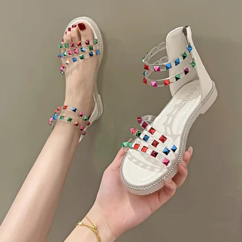 Женские сандалии на молнии с бриллиантами 2022, Новые летние Студенческие Корейские модные противоскользящие сандалии на плоской подошве, модная обувь