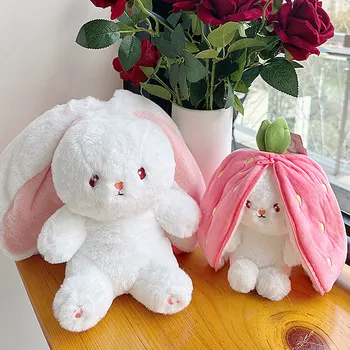 Симпатичный морковно-клубничный кролик, плюшевая подушка, креативная мягкая игрушка-перевертыш для малыша, подарок на день рождения, Кролик, прячущийся в клубнике 쿠션