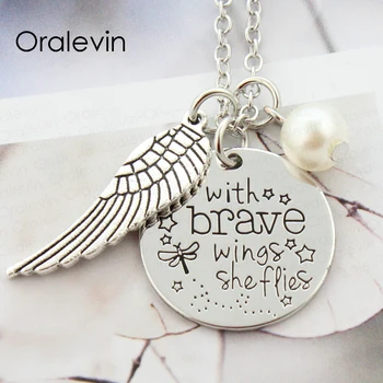 С ОТВАЖНЫМИ крыльями ОНА ЛЕТИТ, вдохновляющая цитата, вышитая вручную, ожерелье с крыльями Ангела, подарочные украшения, 10 шт./лот, #LN2052
