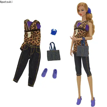 Леопардовая модная кукольная одежда для Барби, комплект одежды для Барби, топ, укороченные брюки, обувь, сумочка, аксессуары для кукол 1/6 части