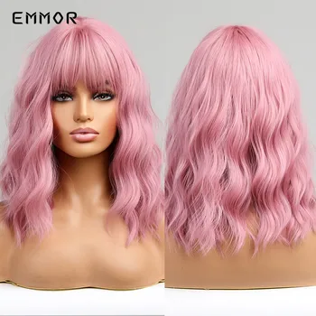 Синтетический парик Emmor с короткими пастельными волнами и воздушной челкой, женский короткий боб, зеленый, розовый, блондинистый парик, вечерние парики для косплея, парики для женщин