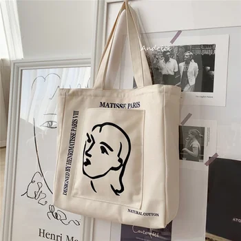 Женская холщовая сумка через плечо с принтом Henrimatisse, женская повседневная сумка-тоут, хлопковая пляжная сумка для покупок многоразового использования большой емкости