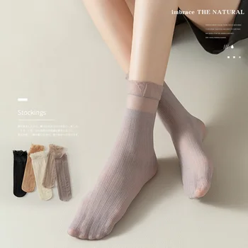 Женские ультратонкие Прозрачные кружевные носки с рюшами, Сетчатые Стеклянные шелковые Летние носки с кристаллами, эластичные женские тонкие Сексуальные носки средней длины
