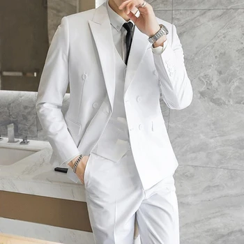 2023 Модный Новый мужской повседневный деловой двубортный костюм из 3 предметов, комплект из 3 предметов / Мужские тонкие однотонные свадебные блейзеры, куртка, жилет, брюки