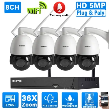 5MP Wifi PTZ CCTV Камера Комплект Системы Безопасности 2-Полосное Аудио 5MP 4-Канальный Беспроводной Видеорегистратор Комплект 36-Кратный Зум IP-камера Система Видеонаблюдения
