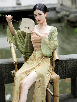 Улучшенный повседневный костюм-кардиган Hanfu, новый китайский топ в стиле ретро для пожилых людей, нежный топ на подтяжках + шаль + Юбка-полукомбинезон с принтом, Vestido Feminino