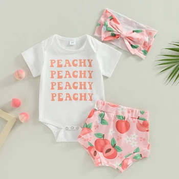 Комплекты летней одежды для новорожденных девочек, комбинезон с коротким рукавом, Шорты с персиковым принтом, Комплект повязки на голову