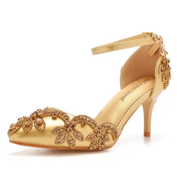 Женские одиночные босоножки RYAMAG на высоком каблуке Золотые Элегантные свадебные туфли невесты на шпильке с острым носком длиной 7 см Женские туфли-лодочки