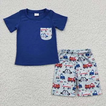Оптовый Летний комплект для маленьких мальчиков, Детская Синяя хлопчатобумажная рубашка с короткими рукавами и карманом, Футболка Для малышей, Автомобильные шорты для малышей, Новый наряд