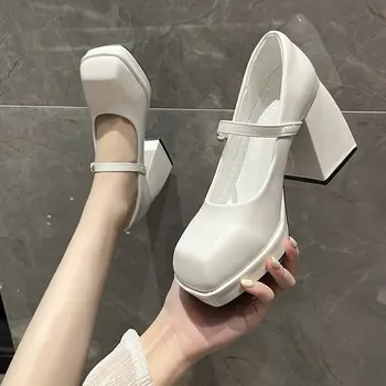 Универсальная обувь Mary Jane, белые модные женские туфли-лодочки на высоком каблуке с мелким носком, новые маленькие кожаные туфли на толстом каблуке в стиле французского ретро.