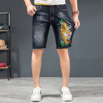 Джинсовые шорты European station, мужские прямые летние тонкие брюки-стрейч с рисунком тигра и животного с вышивкой, брюки для брюк