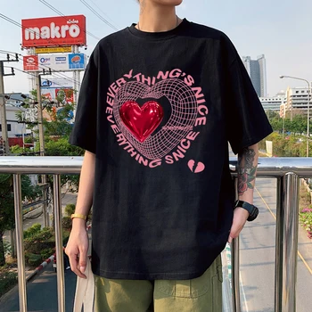 Футболки с изображением сердца для девочек, Harajuku, большие размеры, свободные подарочные футболки для пары, черные хлопковые модные мужские и женские футболки с коротким рукавом