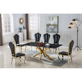 Современный прямоугольный мраморный стол для столовой / кухни, Мраморная столешница толщиной 1,02 дюйма, основание из нержавеющей стали с золотой отделкой, Размер: 79 