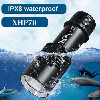 Мощный светодиодный фонарик для подводного плавания XHP70, перезаряжаемый для кемпинга, 18650 IPX8, водонепроницаемый, мощный тактический фонарик