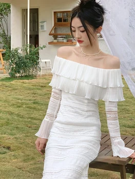 Женское длинное платье, белое облегающее, цельное, женское сказочное платье в Корейском стиле, Летняя вечеринка 2023, Элегантные шикарные платья с открытыми плечами