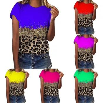 Женская повседневная футболка с леопардовым принтом, короткими рукавами и круглым вырезом, блузка-сердечко, топ