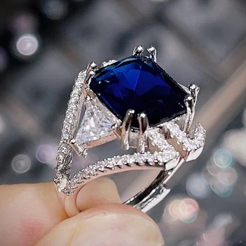 Кольца с королевским синим камнем огранки Princess Для женщин, регулируемое кольцо, ювелирные изделия для банкетов, вечеринок, Модная лента