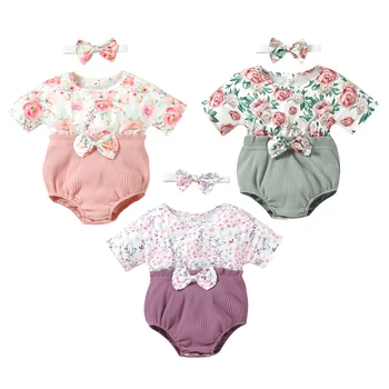 Комплект комбинезонов для новорожденных девочек с цветочным принтом, шорты в стиле пэчворк с коротким рукавом, комбинезон с бантом на голове, летние наряды