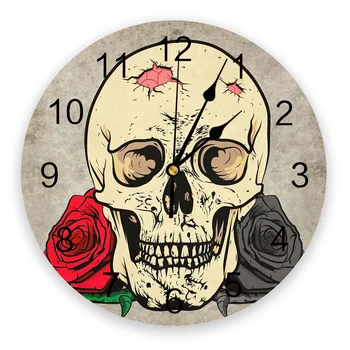 Круглые настенные часы с изображением черепа Розы на Хэллоуин, акриловые подвесные бесшумные часы, домашний интерьер, спальня, гостиная, офисный декор