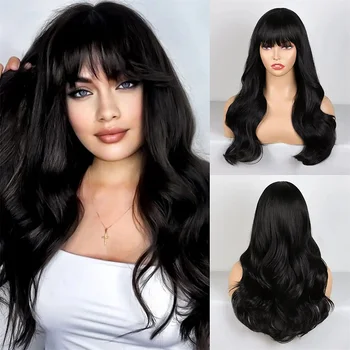 18-30-дюймовые парики из синтетических волос, длинный волнистый черный парик с челкой для женщин, объемная волна, Натуральные черные парики для ежедневного использования