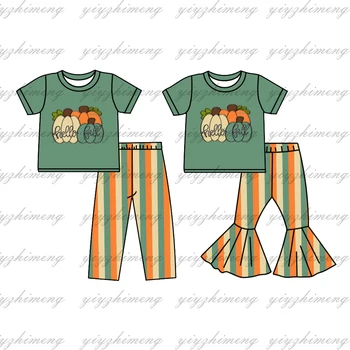 Оптовая продажа детских нарядов на день благодарения hello fall pumpkin одежда с короткими рукавами для девочек брюки в полоску комплекты для мальчиков
