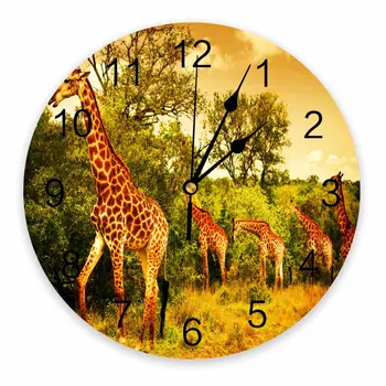 Африканский Жираф Луга Закат Декоративные Круглые Настенные Часы Индивидуальный дизайн Не Тикающие Бесшумные Спальни Большие Настенные Часы
