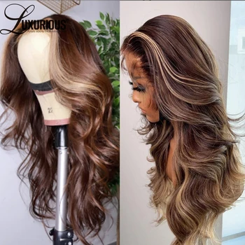 Женские парики из натуральных волос с коричневой изюминкой 13x4, Бесклеевой Объемный волнистый блондинистый парик, окрашенный в глубокие волны Бразильских волос Remy