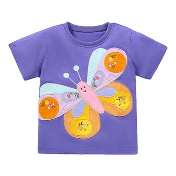2023 Летние новые модные топы для маленьких девочек, хлопковая милая футболка с голубой бабочкой, мягкая и комфортная для девочек 2-7 лет