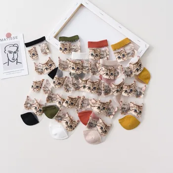 Женские шелковые Носки Новая Летняя мода Cute Cat Crystal Silk Series Модные Женские носки для экипажа из стеклянного шелка J113
