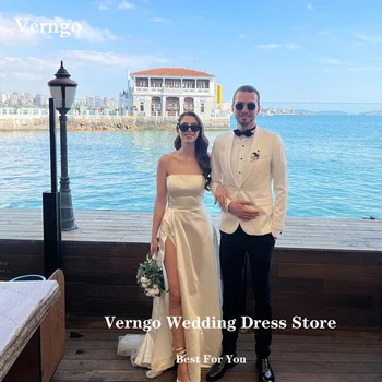 Verngo Простые Атласные Пляжные Свадебные Платья Трапециевидной Формы 2023 Без Бретелек С Разрезом Свадебные Платья Robe de mariage Vestidos Dubai Women Mariage
