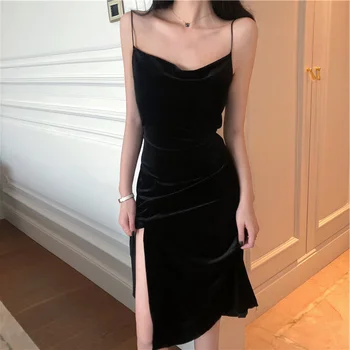 2023 Новое винтажное женское платье на тонких бретельках с разрезом, бархатное черное платье, сексуальное облегающее бандажное платье, вечернее платье Миди