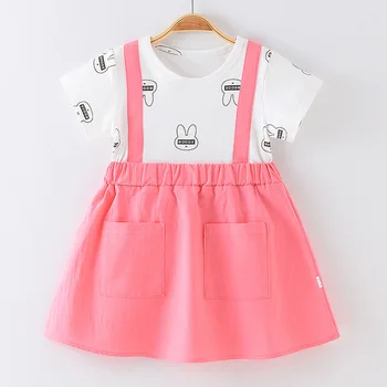 Летнее модное детское платье с плечевым ремнем для девочек, поддельное платье принцессы из 2 предметов, платье-пачка с принтом кролика для маленьких девочек, детская одежда от 0 до 6 лет