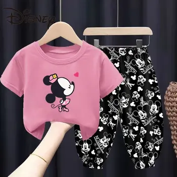 Детские костюмы Disney с Микки для девочек, комплекты с короткими рукавами для девочек, детская одежда из двух предметов, повседневная одежда для детей