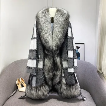 Женское зимнее пальто, Теплый тренч из натурального меха, Женская уличная одежда, Шерстяная куртка с длинной решеткой GJ3674