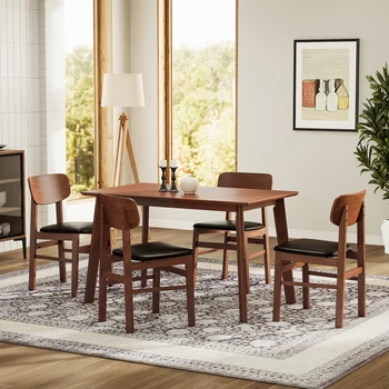 Обеденный стол из 5 предметов, 1 обеденный стол и 4 стула, стол из массива каучукового дерева в деревенском стиле в стиле ретро и стулья с мягкой обивкой для завтрака