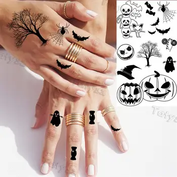 Временные татуировки Черной летучей мыши-паука для женщин, детей, поддельное дерево, Тыква, Татуировка в виде черепа, наклейка на реалистичный палец, маленькие художественные татуировки, наклейка