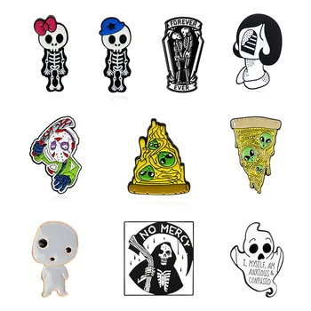 Брошь с эмалью в виде скелета, Инопланетный призрак, гроб, Череп, Булавка на лацкане, Зеленая инопланетная пицца, Косой Плащ, Панк-значок на Заказ, Подарок на Хэллоуин