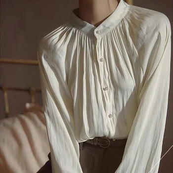 DASSWEI Винтажная атласная рубашка с воротником-стойкой для женщин 2023, Летняя Свободная блузка с длинными пышными рукавами, Офисные женские Элегантные топы, Женские топы