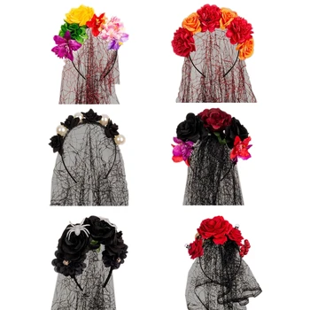 Обруч для волос с кружевной вуалью из искусственных цветов, повязка на голову на Хэллоуин для уличной съемки Y1UA