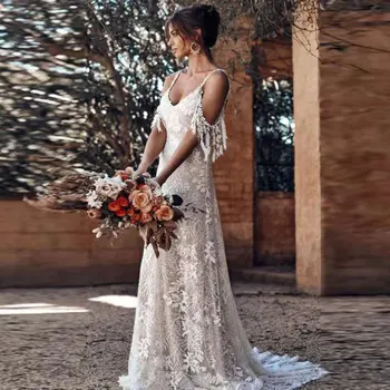 Богемное свадебное платье на тонких бретельках, сексуальные свадебные платья в стиле Кантри с открытой спиной, летнее Пляжное платье 2023 года