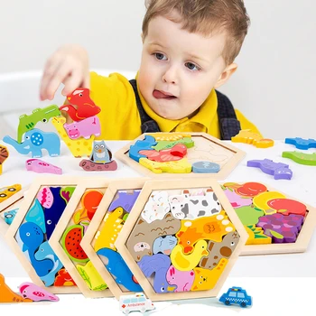 Детские игрушки Монтессори с мультяшными животными, деревянный пазл, игра-головоломка Танграм, развивающие игрушки для детей раннего возраста