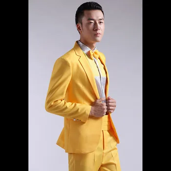 Новый желтый модный официальный мужской костюм, обтягивающий блейзер для выпускного вечера и свадьбы, комплект из 2 предметов для вечеринки жениха (куртка + брюки)