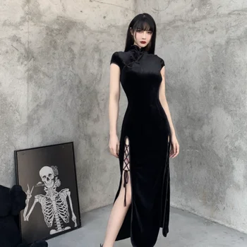 Готические Темно-романтические готические бархатные эстетичные платья, винтажное женское черное облегающее платье с разрезом по низу, вечерняя одежда Y2k Cheongsam