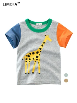 LJMOFA 2023, Новая Летняя Хлопковая Футболка с коротким рукавом Для мальчиков, Детская Одежда для отдыха с милым Мультяшным Животным Жирафом, D197